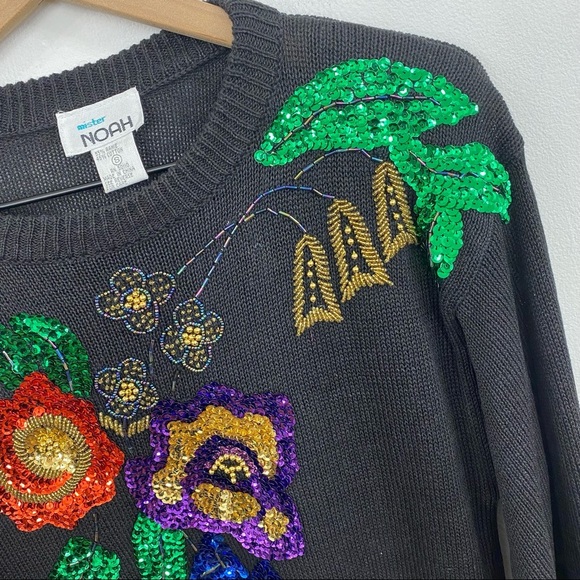 Vintage Black Long Sleeve Sweater Dress with Multicolor Floral Sequins Small - Picture 3 of 6